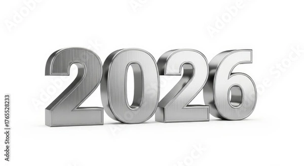 Fototapeta Shiny Metallic Numbers Representing the Year 2026 on a White Background for Creative Use