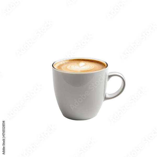 Fototapeta White mug of latte on black background, with foam art in heart shape