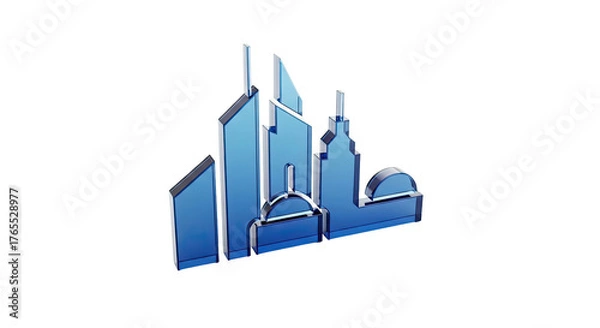 Fototapeta Stylized blue metallic city skyline silhouette on transparent background