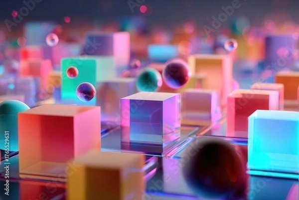 Fototapeta Abstract 3D Cubes and Spheres in Neon Colors