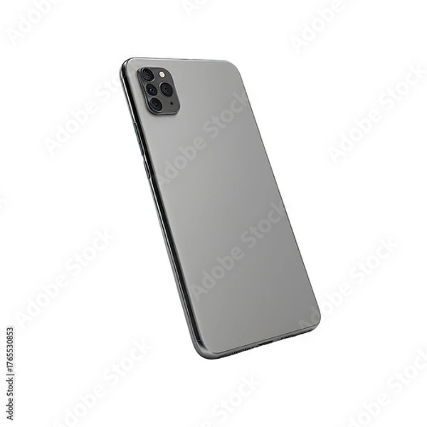 Obraz Modern mobile phone in a silver grey finish, back view, angled on black background