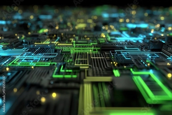 Fototapeta Abstract Circuit Board Design with Glowing Lines and Bokeh