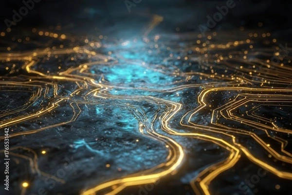 Fototapeta Abstract Circuit Board Glowing Lines, Digital Data Flow