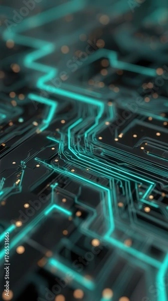 Fototapeta Abstract Circuit Board with Glowing Teal Lines