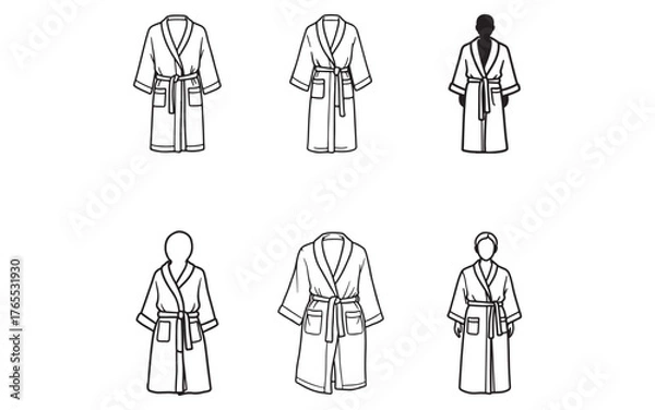 Obraz Elegant bathrobe collection showing diverse styles in black and white outline with different person silhouette representations