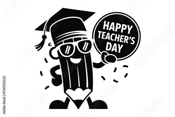 Fototapeta Happy teacher s day cartoon pencil character wearing graduation cap and sunglasses