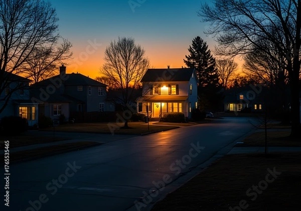 Fototapeta Warmly lit suburban house at dusk on a quiet street with colorful sky