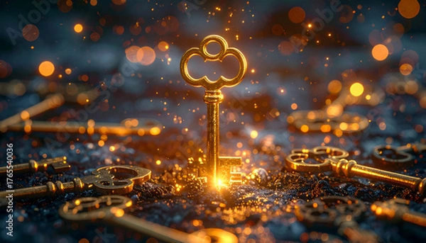 Fototapeta Bright golden key illuminated with sparkles surrounded by antique keys.