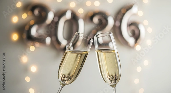 Obraz Champagne glasses clinking in celebration of the new year 2026 with festive lights.