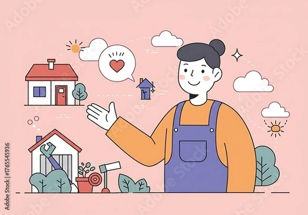 Fototapeta Smiling person presenting home care and property maintenance concepts with houses and nature elements, flat illustration