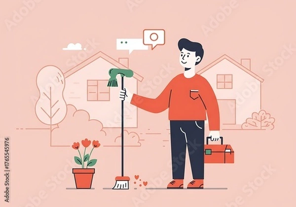 Fototapeta Home maintenance and cleaning concept with man holding broom and toolbox. Flat vector illustration of property care and household chores.