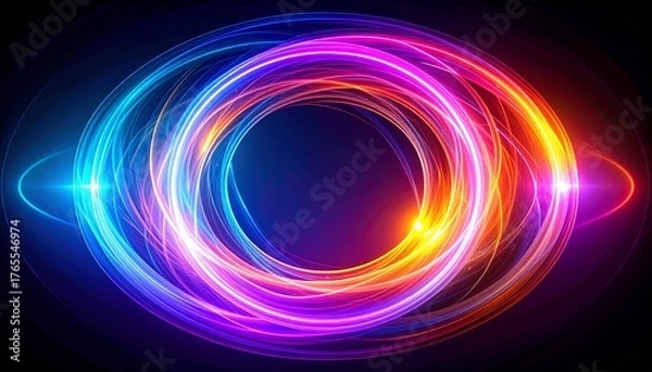 Fototapeta Concentric neon rings with dark center on glowing abstract background