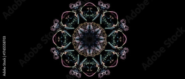Fototapeta symmetric, astonishing haunted botanical-inspired mandala twisted on center of black background