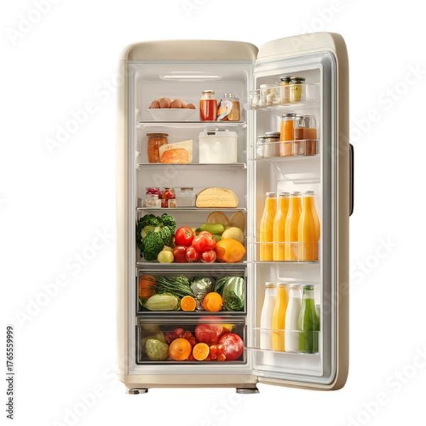 Fototapeta A modern open fridge isolated on white background
