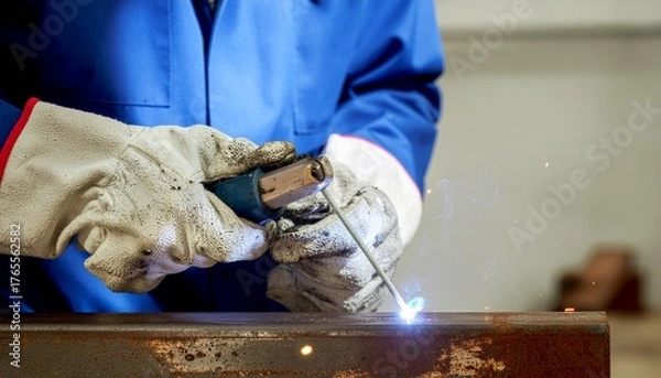 Obraz Close-up of welder hands with gloves using arc welding torch on metal surface. Sparks and light detail showing craftsmanship, industrial work, and precision labor.