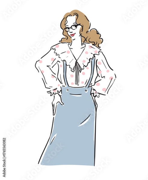 Obraz カジュアルガーリーファッションのパーマヘアメガネの女性
