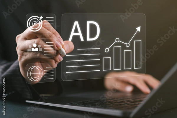 Fototapeta Digital marketing commerce online sale concept, Businesswoman use laptop with advertising on website. Planning advertising marketing strategies to target social media native, ad, advertisers, sales