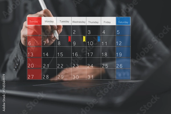 Fototapeta Time management concept. Highlight appointment reminders and meeting agendas in calendar on interface. Businesswoman manages time for effective work.