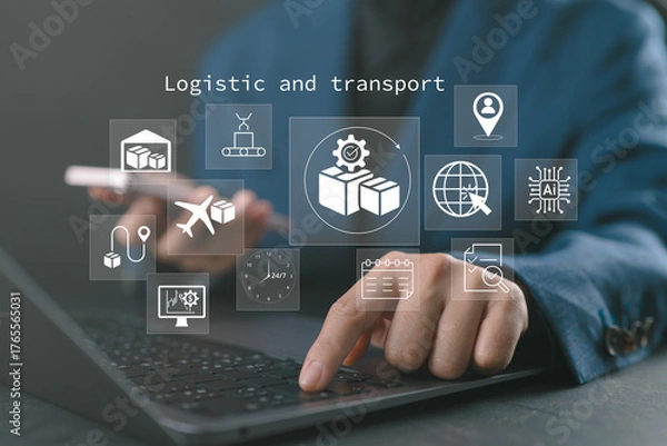 Fototapeta Logistic and transport concept, Businesswoman using laptop with supply chain technology for logistic management, organizing and controlling resources to meet the needs of customers.