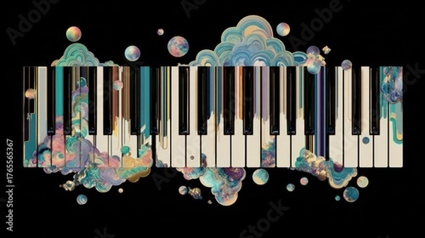 Fototapeta A colorful abstract design featuring piano keys, blending musical elements with vibrant swirls and bubbles, creating a dynamic visual experience.