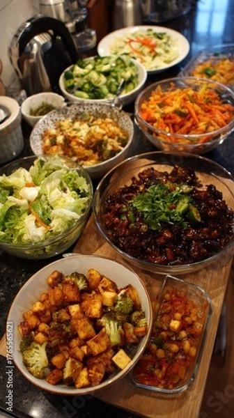 Fototapeta A vibrant spread of diverse dishes featuring salads, vegetables, and flavorful entrees, showcasing a colorful and appetizing meal arrangement.