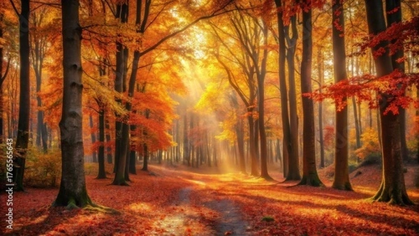 Fototapeta Golden Autumn Sunlight Illuminates a Path Through a Canopy of Vibrant Fall Foliage