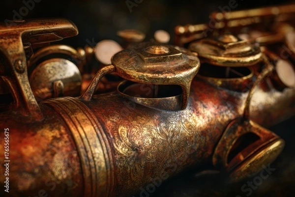 Fototapeta A close-up view of an ornate, vintage saxophone showcasing intricate detailing and a warm, golden patina.
