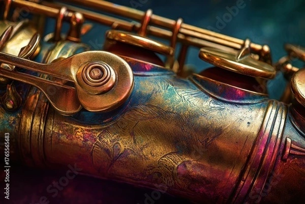 Fototapeta A close-up of a beautifully crafted saxophone, showcasing intricate details and a vibrant, shiny finish.