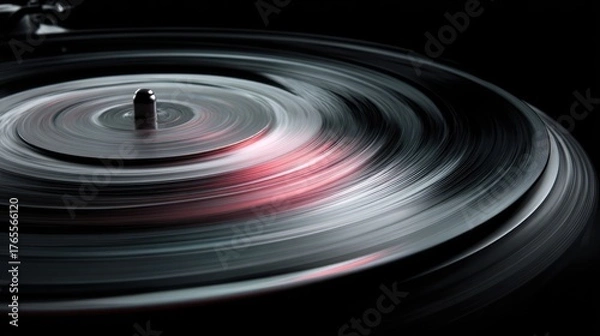 Fototapeta A close-up view of a spinning vinyl record, showcasing its grooves and motion against a dark background, highlighting the art of analog music playback.