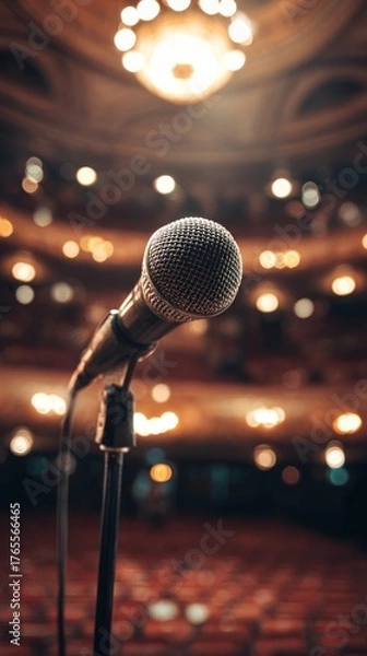 Fototapeta A close-up of a microphone on a stand, set against a blurred background of an elegant theater with lights, suggesting a performance atmosphere.
