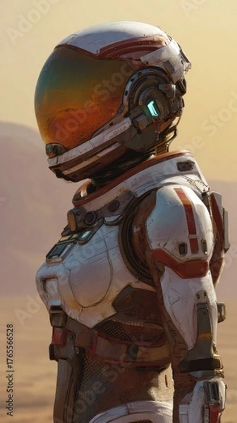 Fototapeta A futuristic astronaut in a sleek suit stands against a desert landscape, showcasing advanced technology and exploration themes.