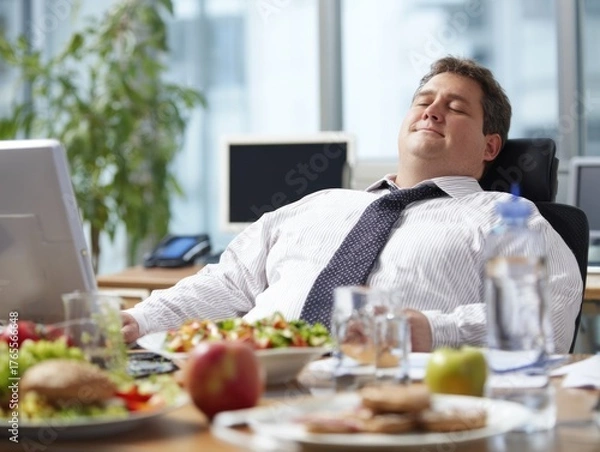Fototapeta A relaxed man enjoying a meal at his desk, surrounded by food and drinks, in a bright office environment.