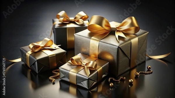 Fototapeta Luxurious dark gray gift boxes adorned with elegant gold ribbons and scattered gold accents, reflecting light on a sleek dark surface