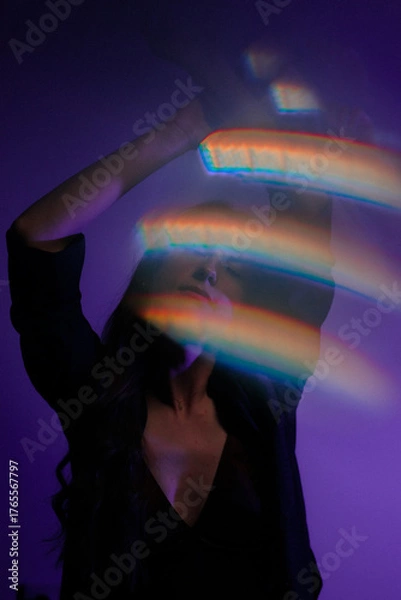 Obraz Moody Neon Portrait of Woman with Creative Lighting and Motion Blur