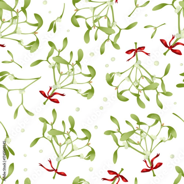Obraz Seamless pattern with mistletoe twigs isolated on white background. Vector illustration