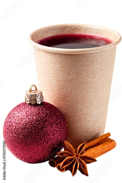Fototapeta organic paper cup filled with mulled wine with christmas ball and ginger & cinnamon roll decor isolated over white (transparent) background