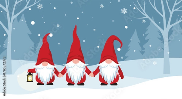 Obraz Three festive gnomes holding hands in a snowy winter scene.