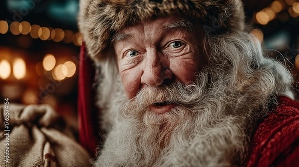 Fototapeta 白いひげと毛皮の帽子をかぶったサンタクロースの男性が、暖かなボケの光の下で微笑んでいるクローズアップポートレート | Close-up portrait of Santa Claus with white beard and fur hat smiling under warm bokeh lights
