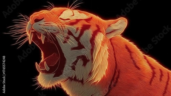 Fototapeta 暗い背景で口を開け、牙をむき出しにして吠えるトラの頭部のクローズアップ | Close-up of a roaring tiger's head with its mouth open and fangs exposed against a dark background