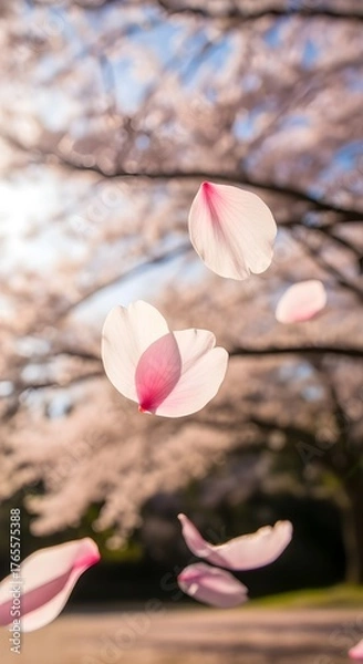 Fototapeta Falling cherry blossom petals in spring season with blurred background