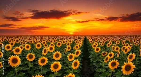 Fototapeta Sunflowers field in sunset with orange sky and clouds in the background