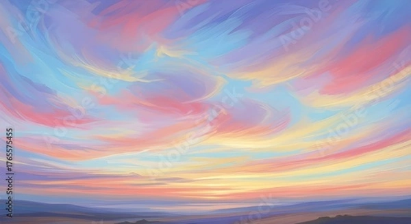 Fototapeta Beautiful pastel sky with soft clouds at sunset over a distant horizon