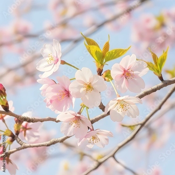 Fototapeta Close up of delicate pink cherry blossoms on a branch against a blue sky