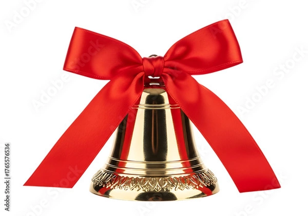 Fototapeta A shiny golden christmas bell adorned with a vibrant red satin ribbon bow isolated on transparent background