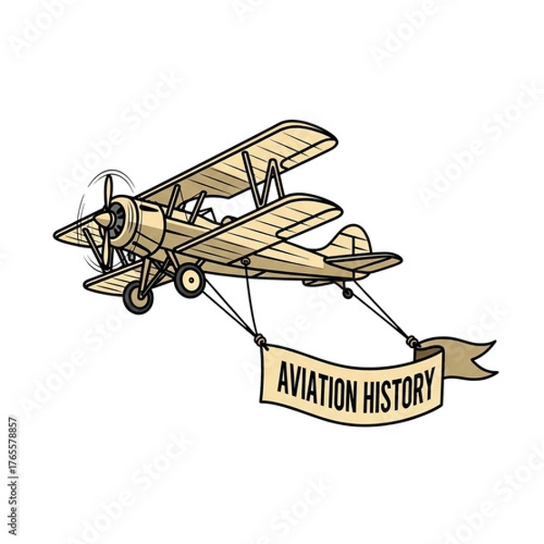 Fototapeta Vintage Biplane Cartoon Pulling an "Aviation History" Banner