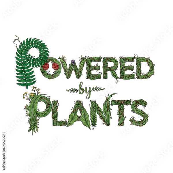 Fototapeta Botanical "Powered by Plants" Logo

A graphic featuring the phrase "POWERED by PLANTS" where the letters are stylized to look like they are formed by detailed green vines, leaves, and small flowers. 