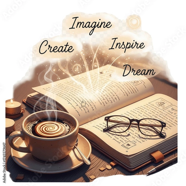 Fototapeta Open Book with Steaming Coffee Cup and Inspirational Text: A close-up, warm-toned image featuring an open book on a table next to a steaming cup of coffee with a circular foam design.