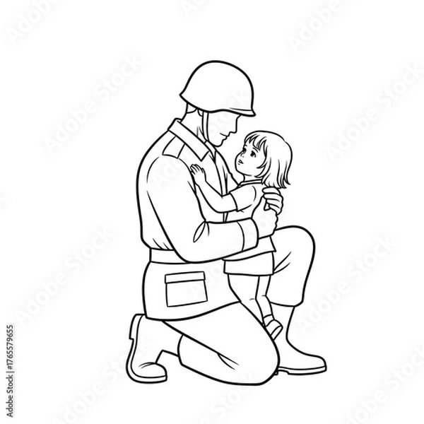 Fototapeta Line Art Drawing of a Soldier Kneeling and Holding a Child: A simple, black and white outline drawing of a male soldier in full uniform (including a helmet), kneeling down to hug 