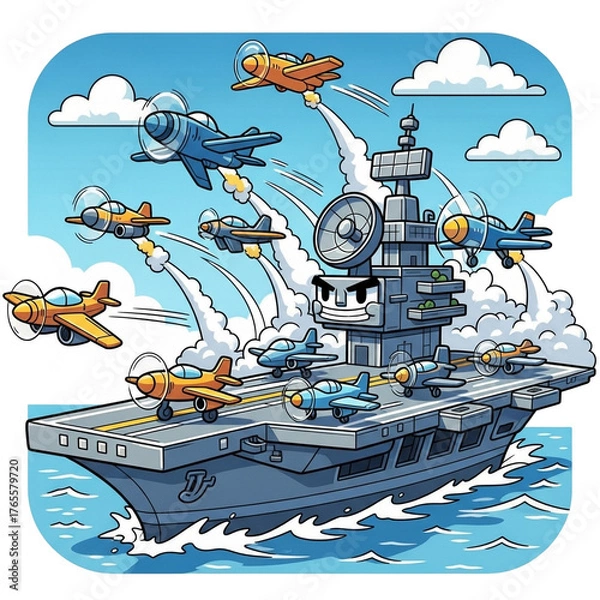 Fototapeta Cartoon Aircraft Carrier Launching Propeller Planes: A colorful, cheerful illustration of a large, gray aircraft carrier with an anthropomorphic face and a smoke stack, sailing on blue waves. 