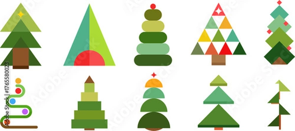 Obraz Abstract christmas trees for decoration new year or other holiday different shapes in modern mosaic style. Set festive flat minimalistic design elements. Vector illustration.